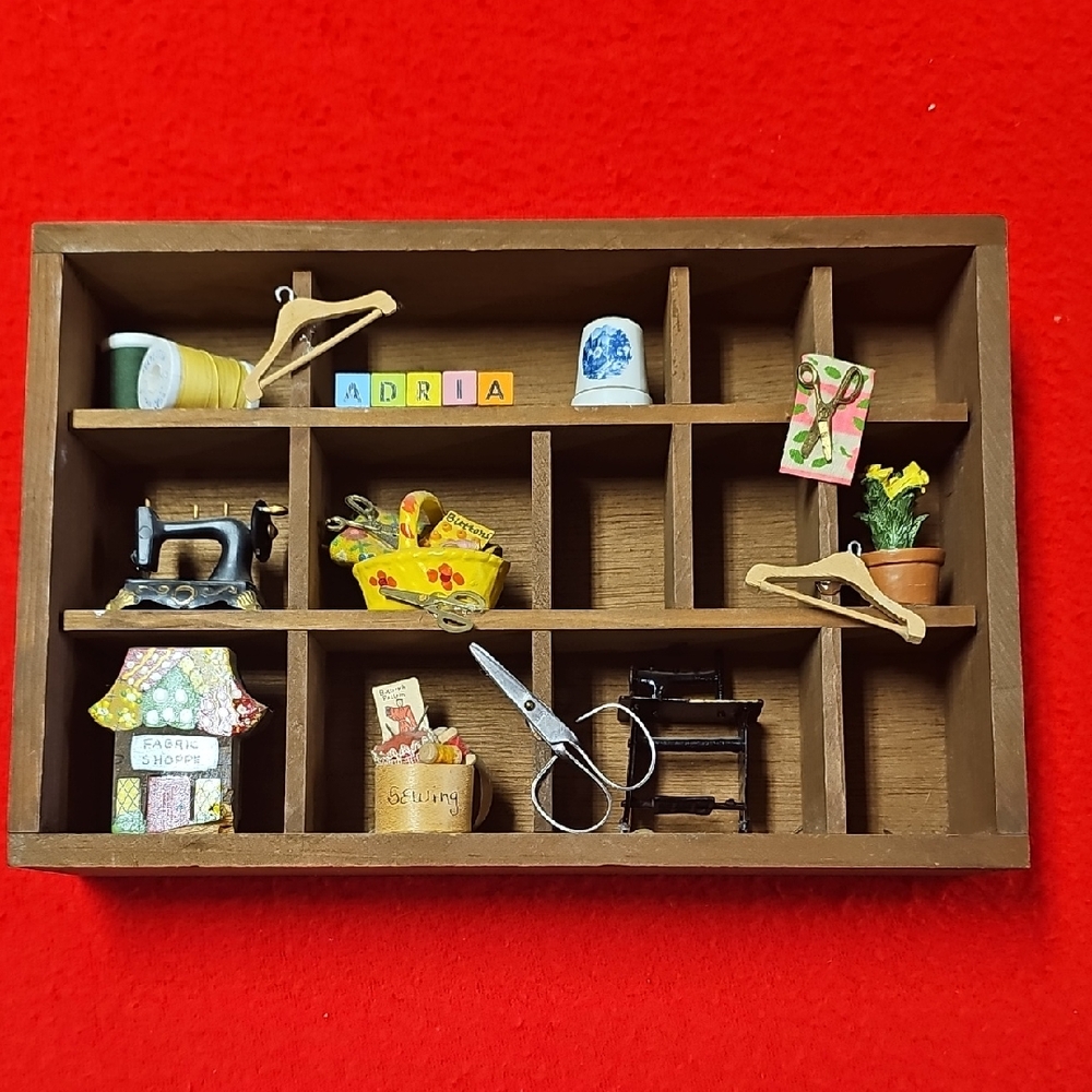 Miniature Wooden Shadow Box with Sewing Theme